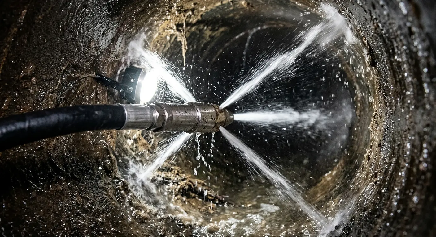 High-pressure hydro jetting nozzle cleaning sewer pipe for Emergency Drain Service in Dahlonega