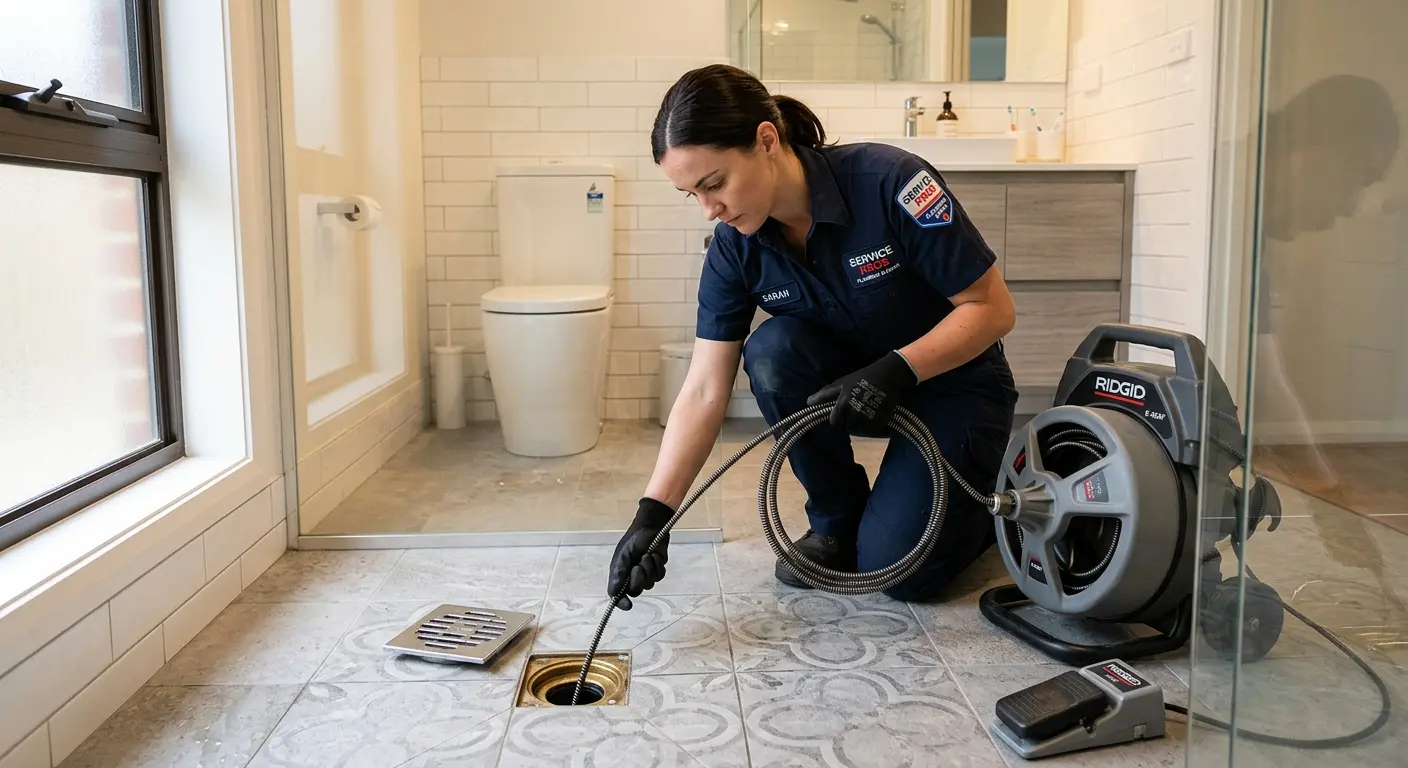 Technician clearing a bathroom floor drain for Drain Repair in Dahlonega